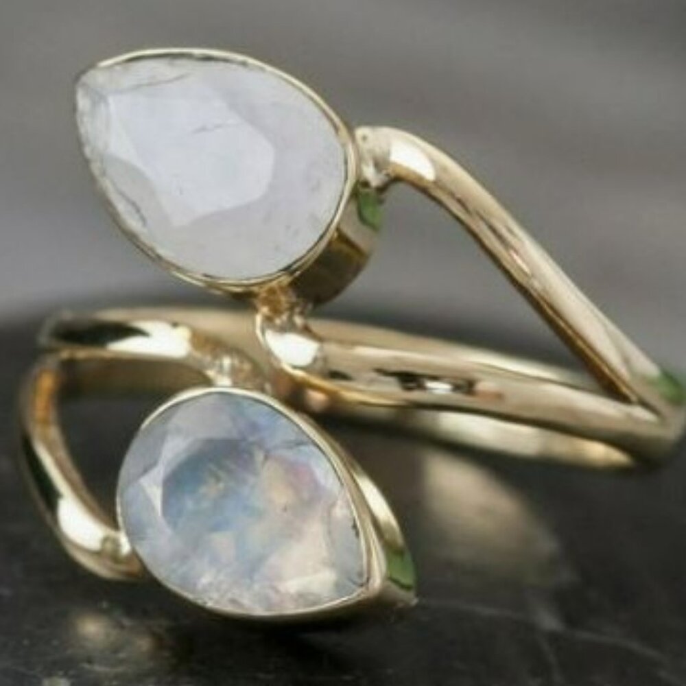 Teardrop Moonstone Ring | Brass Wrapped Design | Handmade Jewelry